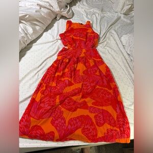 Scoop  High-Low Floral Midi Dress in Red & Orange